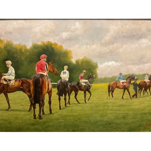 18 - Ernest Fairhurst, 'Waiting for the Start', signed, oil on canvas, 51cm x 92cm.