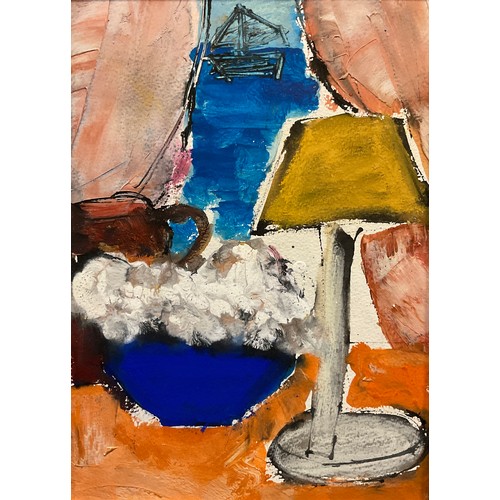 253 - Louise McClary, still life abstraction, signed to verso, oil on paper, 39.5cm x 28cm.