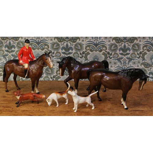 1 - Beswick hunting group, comprising Huntsman, two Hounds and a Fox; two Beswick Horses in brown gloss ... 