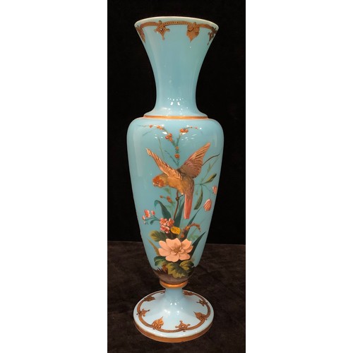 15 - A late 19th century opaque turquoise blue glass inverted baluster vase, painted in bright enamels wi... 