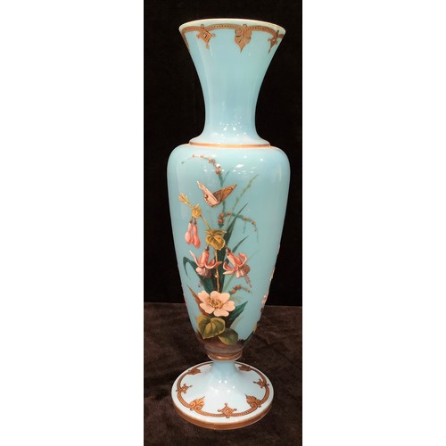 15 - A late 19th century opaque turquoise blue glass inverted baluster vase, painted in bright enamels wi... 
