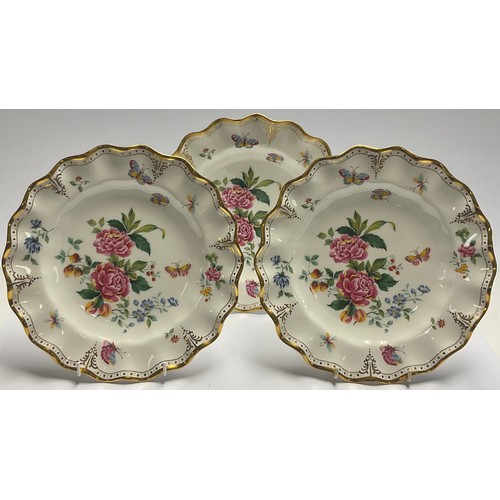 19 - A pair of Royal Crown Derby Derby Days pattern shaped circular plates, 25.5cm, seconds; another, fir... 