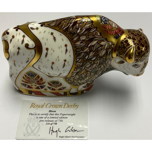 45 - A Royal Crown Derby paperweight, North American Bison, Limited Edition No.210 of 750, gold stopper, ... 