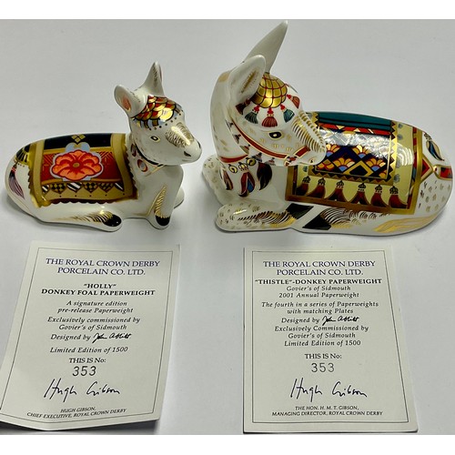 55 - A Royal Crown Derby paperweight, Thistle Donkey, Limited Edition No.353 of 1,500, gold stopper, cert... 