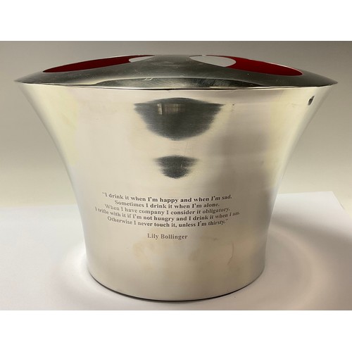 171 - A contemporary Bollinger three bottle champagne cooler,  inscribed with Lily Bollinger quote 'I drin... 