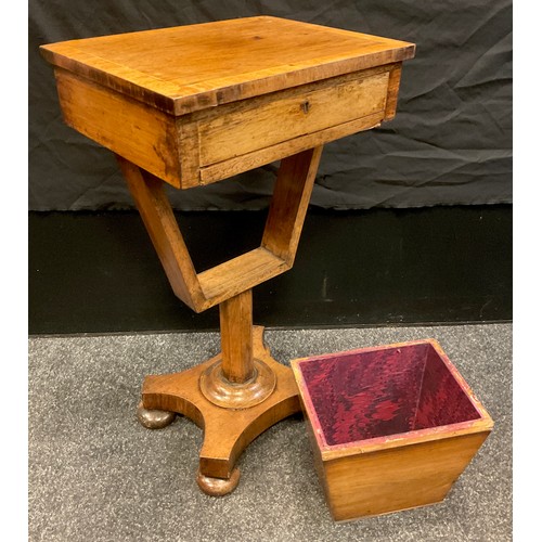 52 - A Victorian walnut workbox, single drawer to frieze, octagonal column, shaped base, bun feet, 72.5cm... 