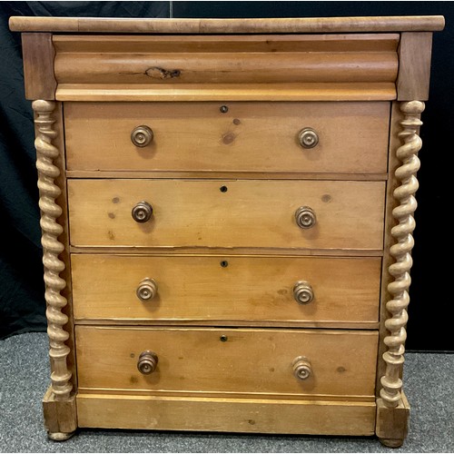 53 - A Victorian, Scottish, Pine chest of drawers, concealed drawer to top frieze, above four long drawer... 