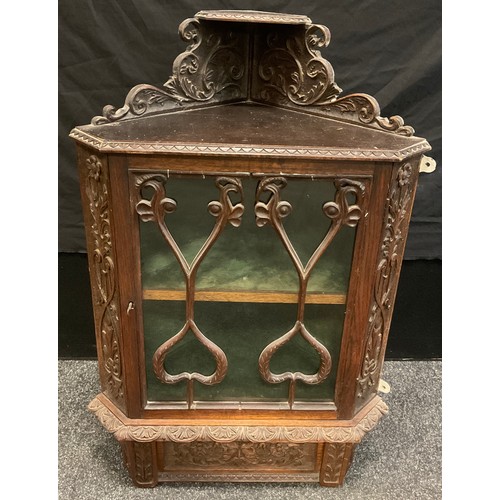 62 - A Victorian, ornately carved oak corner cabinet, wall-mounted, 90.5cm high x 58.5cm wide x 35cm, c.1... 