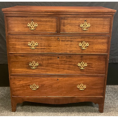 105 - A George III mahogany chest of drawers, two short over three graduated long drawers, brass swan-neck... 