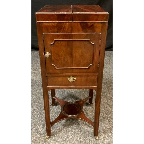 110 - A George III mahogany night cupboard, brass swan-neck handles to sides, square beaded legs, brass ca... 