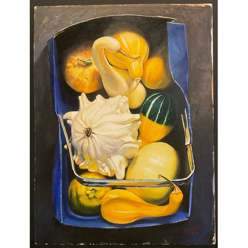 325 - Gilbert, Study of Squashes in a box, Hyper-realism, signed, dated ‘99, oil on board, 41cm x 30.5cm.