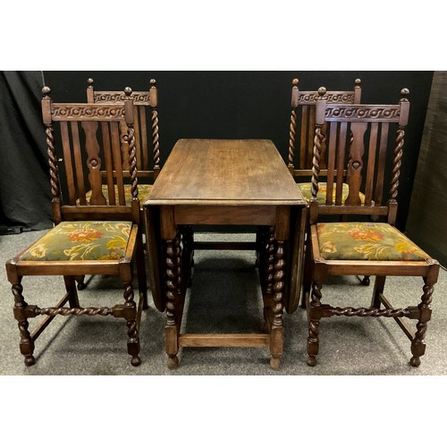 382 - An early 20th century oak gate-leg dining table, rounded rectangular top, barley-twist supports, 73c... 