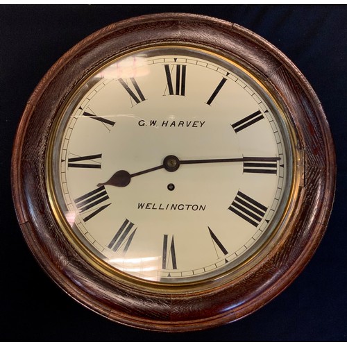 391 - An early  20th century G W Harvey of Wellington oak cased fusee wall clock, cream dial, bold Roman n... 