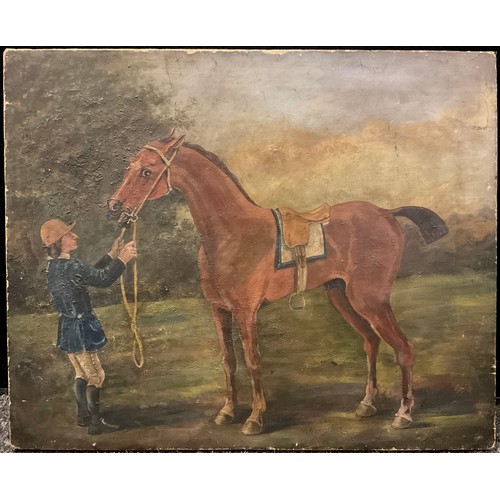 345 - English School, (19th century), Racehorse and Groom, oil on canvas, 45.5cm x 56cm