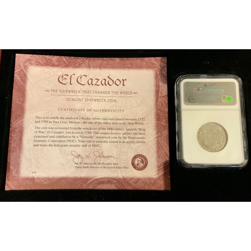 412 - A Genuine Shipwreck Coin, El Cazador 2 Reales Silver Coin, minted between 1772-1783,  plastic case a... 