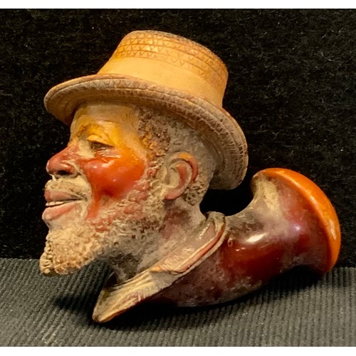 417 - A meerschaum pipe, the bowl as a blackamore, with beard and hat, tooled leather fitted case, 9cm lon... 