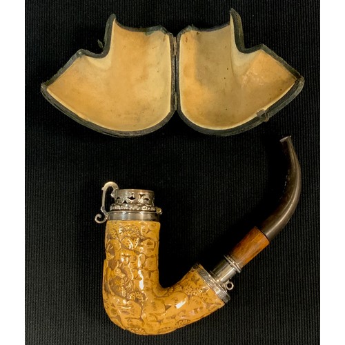 421 - A 19th century Austro-Hungarian Meerschaum pipe, the bowl with Stags in landscape, silver mounts, le... 