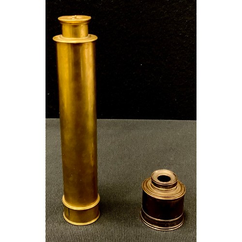 425 - A Brass three drawer telescope, 3.5cm diameter, lens hood and slide covers, approx 43cm long;  anoth... 