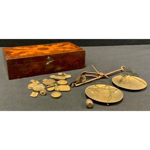 434 - A set of 19th century gold balance scales, assorted weights, walnut and marquetry box