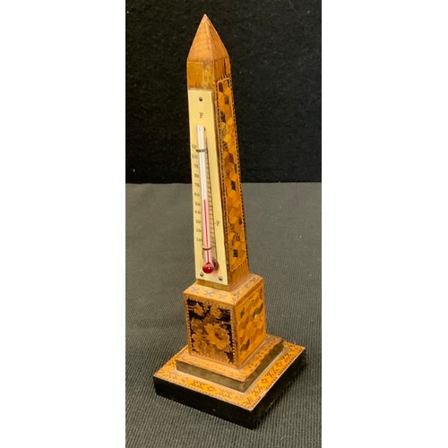 418A - A Tunbridge ware obelisk desk thermometer, 19.5cm high