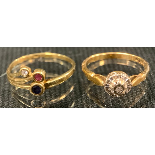 523 - A ruby, sapphire and diamond ring, yellow metal shank, stamped 333, 1.3g gross;  a diamond ring, 9ct... 