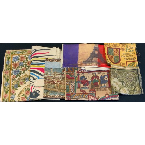 423A - Textiles - a small knot work rug,  tapestry panels,  material samples etc