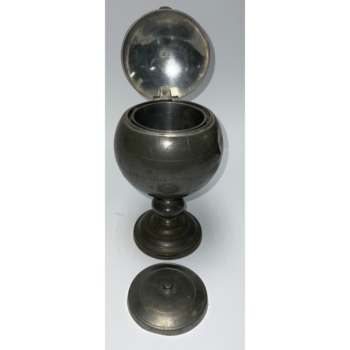 12 - A Chinese paktong pewter spherical pedestal globe caddy, hinged cover, interior cannister with cover... 