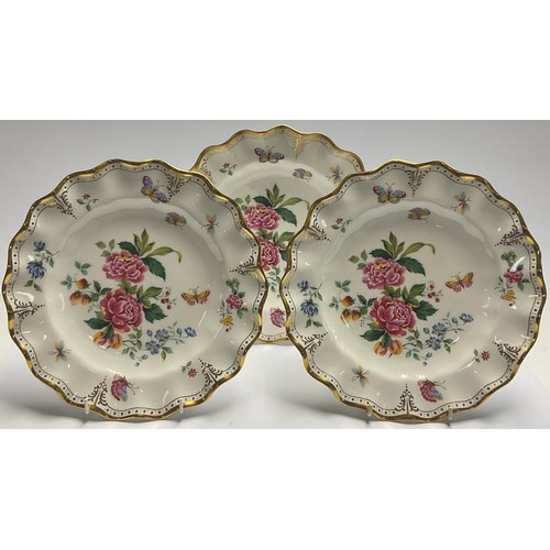 71 - A pair of Royal Crown Derby Derby Days pattern shaped circular plates, 25.5cm, seconds; another, fir... 