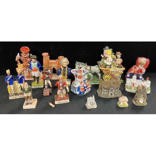 104 - A Widdecombe Fair pottery figure group, Uncle Tom Cobley horse and cart (a/f); Staffordshire figures... 