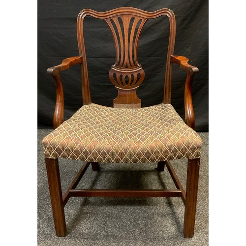 34 - A 19th century Chippendale style mahogany elbow chair, serpentine top-rail, wheat sheaf splat, reede... 