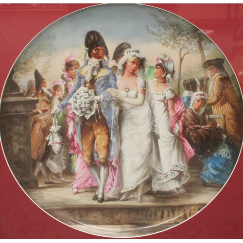 114 - A large Continental charger, painted in polychrome, The Wedding Party, 55cm diam, red slip, the fram... 