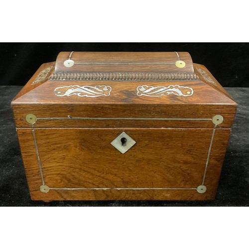 117 - A 19th century rosewood and mother of pearl inlaid sarcophagus tea caddy, ring handles to side, bun ... 