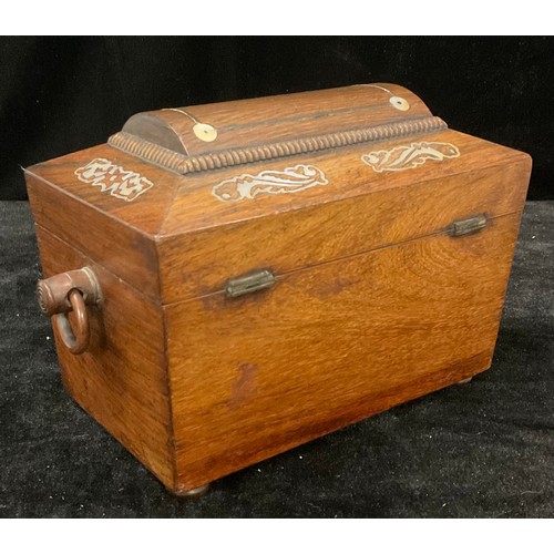 117 - A 19th century rosewood and mother of pearl inlaid sarcophagus tea caddy, ring handles to side, bun ... 