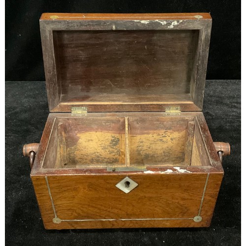 117 - A 19th century rosewood and mother of pearl inlaid sarcophagus tea caddy, ring handles to side, bun ... 