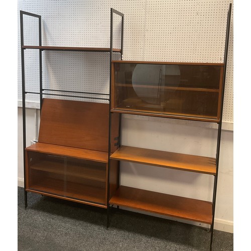 53 - A Ladderax style composite teak and metal adjustable shelving unit by Avalon, black anodised metal f... 