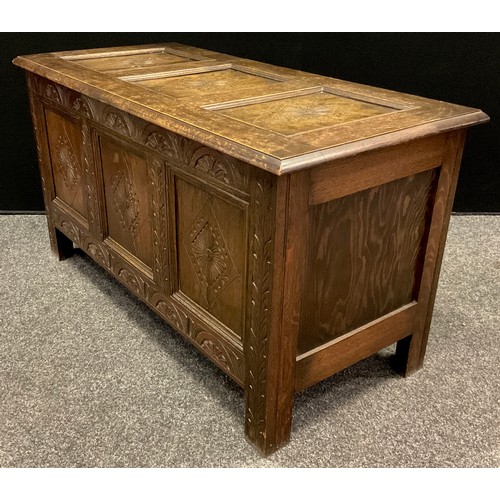 66 - A George III reproduction oak three panel blanket chest / coffer, 58cm high x 107cm wide x 50.5cm, m... 