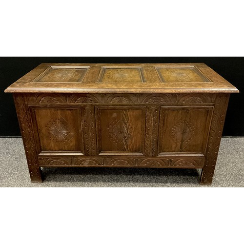 66 - A George III reproduction oak three panel blanket chest / coffer, 58cm high x 107cm wide x 50.5cm, m... 