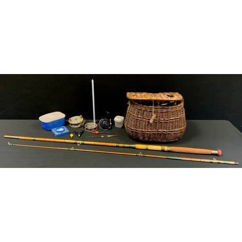 68 - Fishing  - an Osprey brand fishing rod;  creel basket with contents inc Garcia Mitchell 324 reel,  w... 