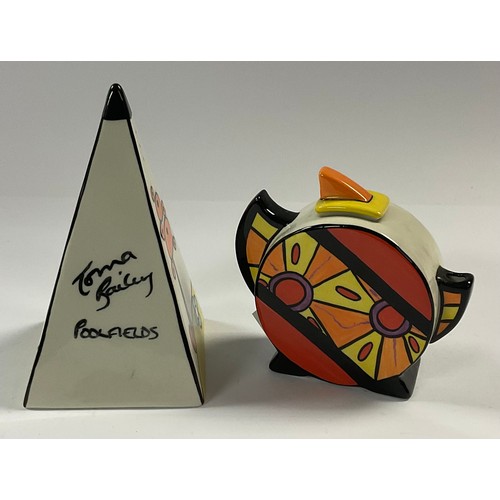 151 - A Lorna Bailey pyramid sugar caster, Poolfields, Old Ellgreabe Pottery, 13cm; a Lorna Bailey Art Dec... 