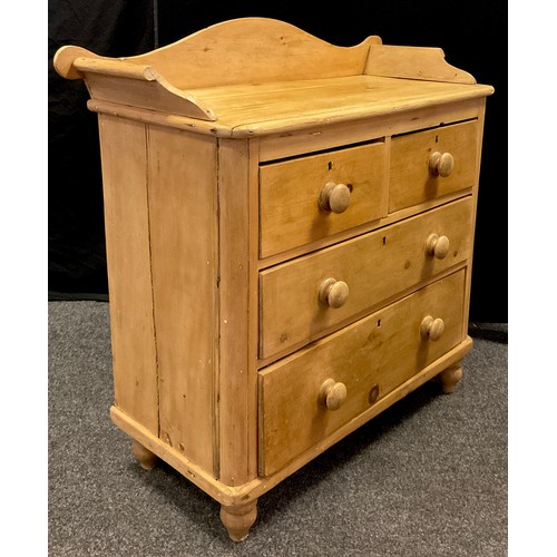 128 - A Victorian pine chest of drawers, three-quarter galleried top, two short over two long drawers, tur... 