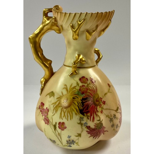 166 - A Royal Worcester blush ivory lobed quatrefoil vase, single handle, picked out in gilt, 18cm, shape ... 