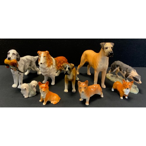 181 - A Beswick model Great Dane standing;  others Corgi, Old English Sheepdogs ;  Alton Pointer with phea... 