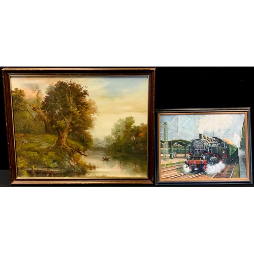 183A - T E Owen, Steaming Way from the Station, Locomotive, Rn 861001-6, signed, oil  on canvas, 28cm x 38c... 