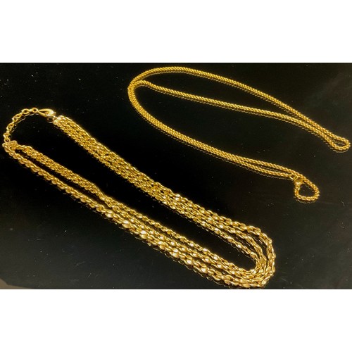 425 - A German rolled gold three strand fancy link necklace, another gold plated rope twist (2)