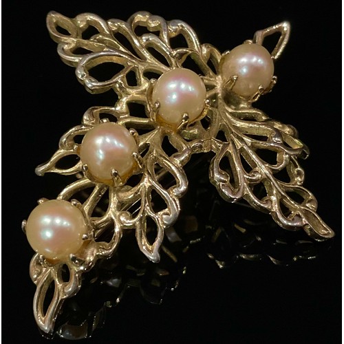 436 - A simulated pearl leaf brooch, gold plated mount, unmarked