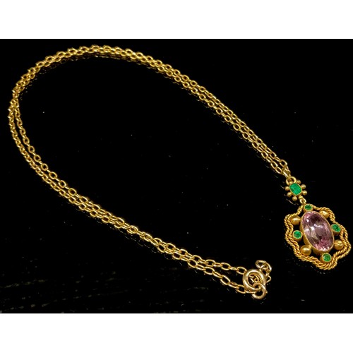 451 - An emerald and pale pink stone pendant necklace, unmarked mount, suspended from a 9ct gold fine link... 