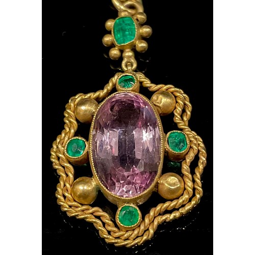 451 - An emerald and pale pink stone pendant necklace, unmarked mount, suspended from a 9ct gold fine link... 