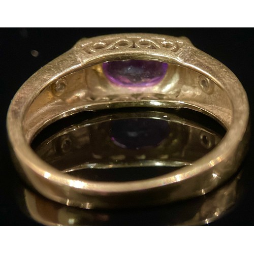 453 - A 9ct gold amethyst and diamond ring, oval amethyst, between tapering diamond inset shoulders, 9ct g... 