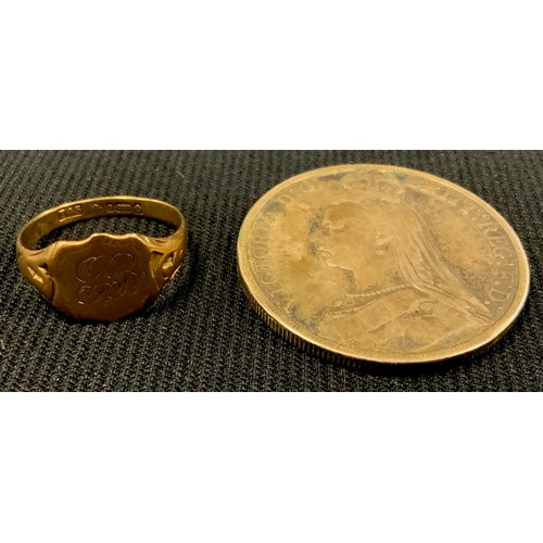 468 - A 9ct gold signet ring, shield shaped tablet, 3.17g; a Queen Victoria silver crown, George and the D... 