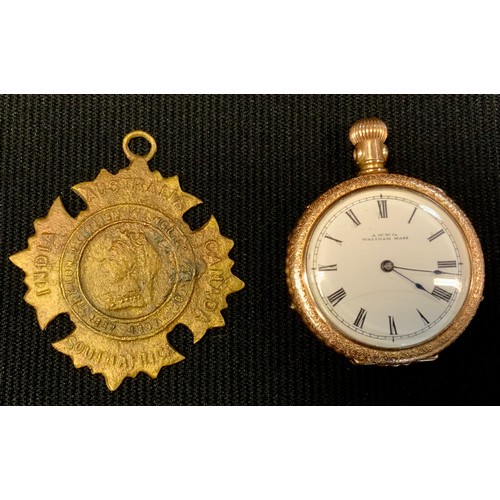 472 - A Waltham American Watch Company gold plated fob watch, enamel dial with Roman numerals, the case en... 